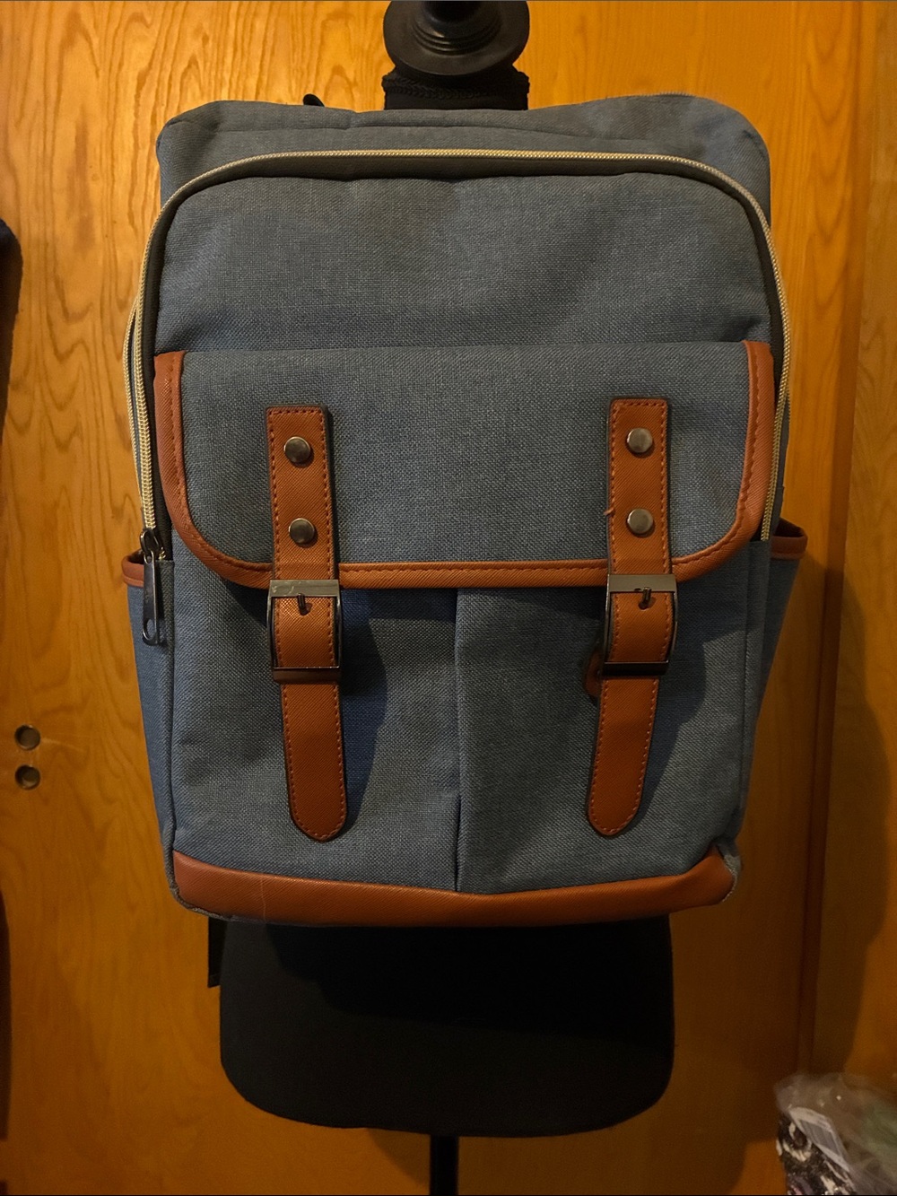 Canvas Men’s Backpack with Brown Leather Trim - Blue